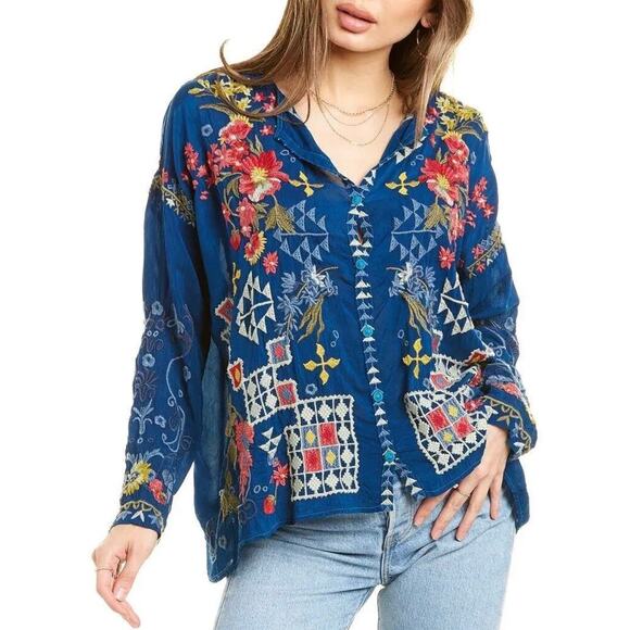 Johnny Was Navy Floral Embroidered Top - Picture 3 of 15